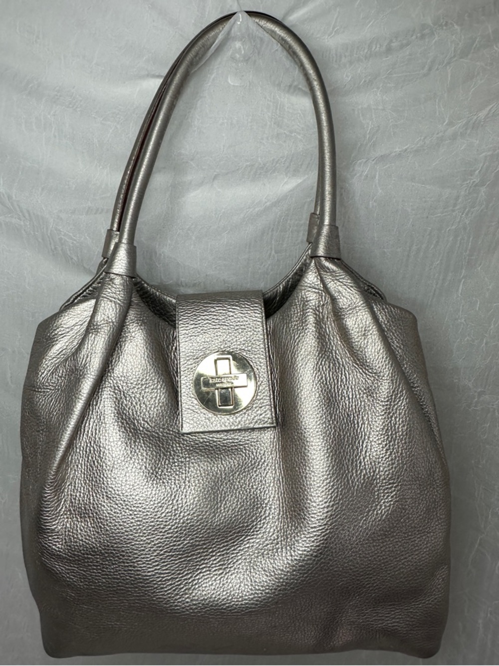Kate Spade Stevie Bexley Metallic Silver Leather Shoulder Bag Turn-lock EUC